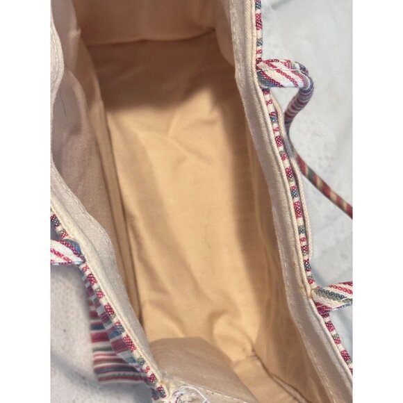 Longaberger Striped Canvas Fabric Tote Floral Basket Embroidery Pocket Church Vt - Picture 5 of 8